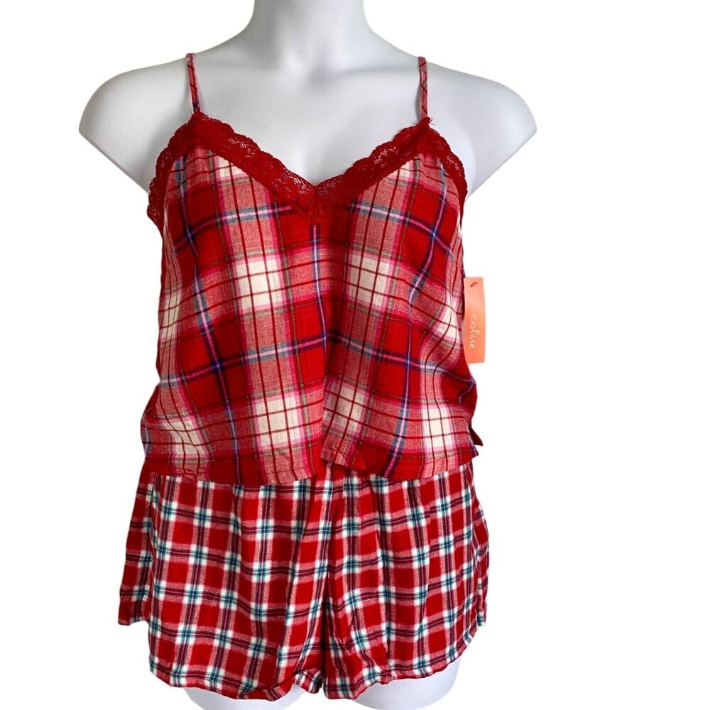 Colsie 2 Piece Red Plaid Lace Trim Pajama Set Tank Shorts NEW NWT